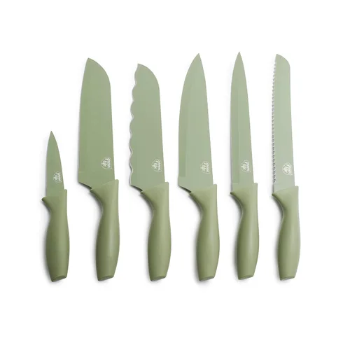GreenLife Juego de 6 piezas de cuchillos de cocina, revestimiento antiadherente resistente al óxido, cuchillos de acero inoxidable de alto carbono,