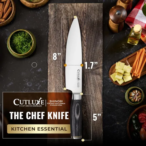 Miniatura 6 de Cuchillo de chef Cutluxe – Cuchillo de cocina japonés ultra afilado de 8 pulgadas, hoja de acero inoxidable de alto carbono, mango de Pakkawood