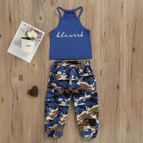 Miniatura 116 de Mandizy Conjunto de ropa de otoño para bebé niña pequeña, sudadera de manga larga con estampado de letras bendecidas, pantalones de camuflaje