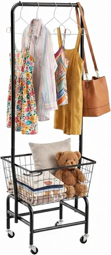ALIMORDEN Carro de lavandería con estante para ropa, carrito de lavandería rodante con estante de almacenamiento de alambre, Negro
