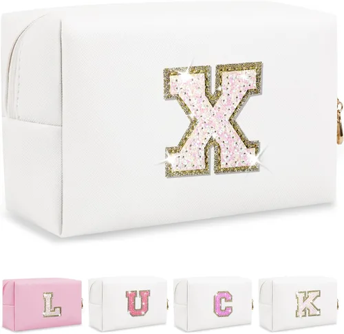 Miniatura 17 de Bolsa de maquillaje con parche de letra inicial personalizada, bolsa de cosméticos de chenilla preppy con letra de chenilla con cremallera, Y