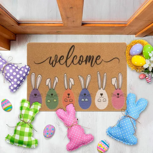 Miniatura 7 de XuoAz Felpudo decorativo de Pascua para puerta de entrada al aire libre, conejito de Pascua, antideslizante, fibra de coco para la decoración