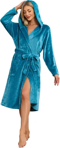 Miniatura 33 de HEARTNICE Bata de forro polar con capucha para mujer, bata de baño suave para mujer, bonito abrigo largo para casa