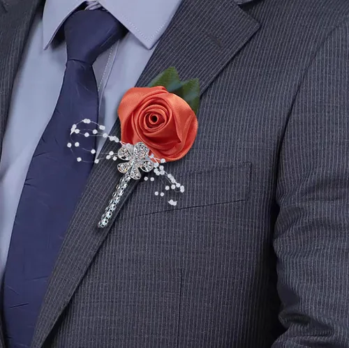 Miniatura 20 de Boutonniere de flores artificiales, paquete de 2 piezas para boda, tela de seda sintética, rosa Boutonniere para iglesia, boda, equipo, novio, Rosa