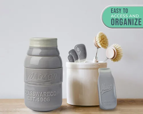 Miniatura 7 de Comfify Mason Jar Menaje de Cocina – 4 Tazas Medidoras, 4 Cucharas, Apoya Cucharas – Cerámica Vintage en Gris