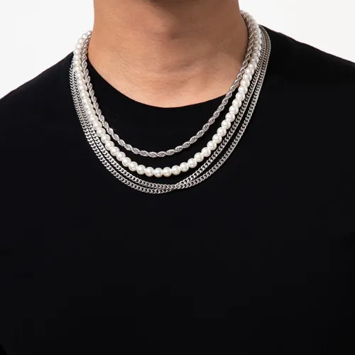 Miniatura 7 de YERTTER Collar gótico de cadena de plata de 4 capas para hombre, cadena de perlas, cadena gruesa, cadena torcida, cadena plana, gargantilla