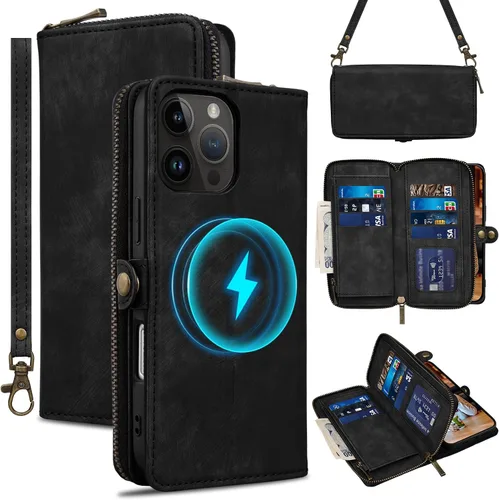 Rssviss Funda tipo cartera para iPhone 16 Pro Max con bandolera con tarjetero y correa para la muñeca, funda con cierre de solapa compatible con