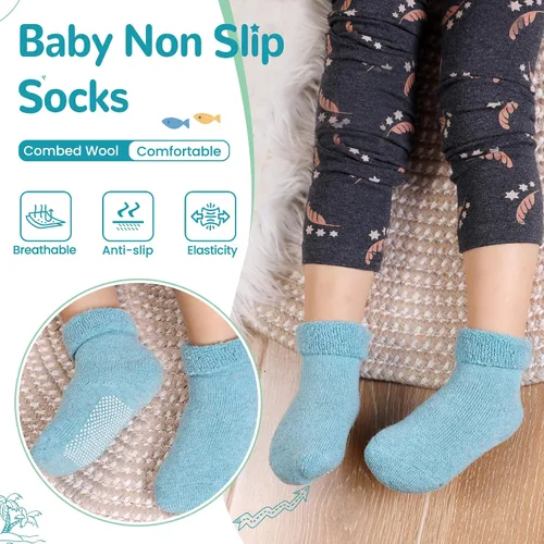 Miniatura 2 de 6 pares de calcetines antideslizantes para bebés, niños y niñas, calcetines cálidos de lana gruesa y suave con empuñaduras