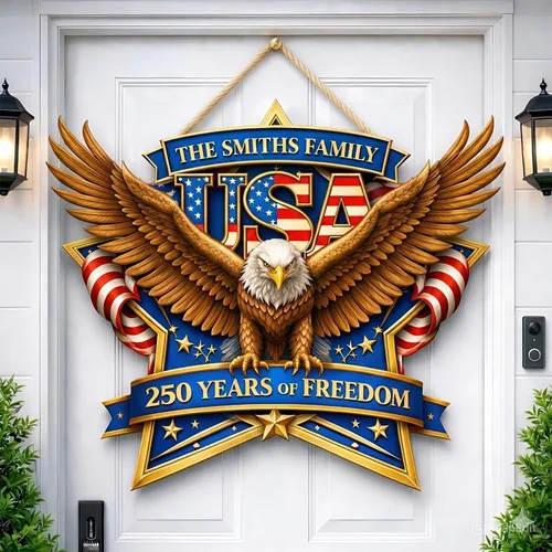 Miniatura 20 de NAZENTI Letrero personalizado para puerta del 4 de julio con nombre familiar, coronas de puerta personalizadas para 250 aniversario de Estados