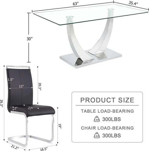Miniatura 2 de Juego de mesa de comedor de vidrio de 63" para 4, juego de mesa de comedor moderno para 4, mesa de cocina y sillas de cuero PU, mesa de comedor