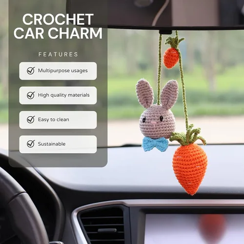 Miniatura 3 de Adorno de conejito gris y zanahoria, accesorios para ventana de visión trasera, colgante hecho a mano para automóvil, decoración de interiores