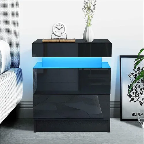 Miniatura 4 de Mesita de noche de alto brillo con luz LED RGB, moderna con 2 cajones laterales, mesita de noche, mueble de dormitorio (negro/blanco) (Color negro)