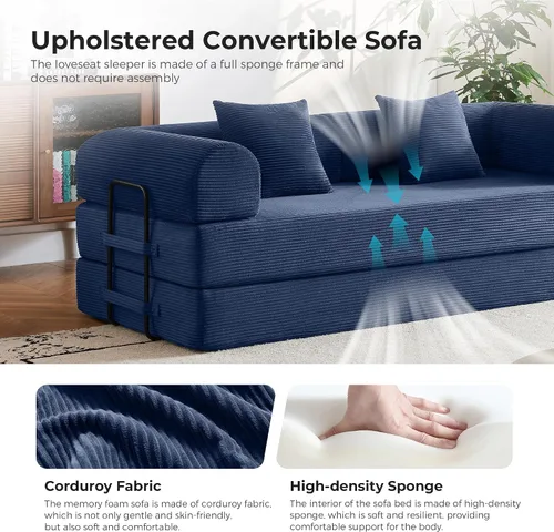Miniatura 4 de Sofá cama convertible 5 en 1, espuma de alta densidad de 79 pulgadas con asiento de felpa y reposabrazos rectos, cama plegable sin montaje para sala