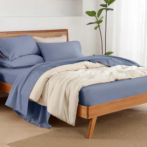 Miniatura 5 de Andency Juego de sábanas tamaño Queen de 4 piezas color azul oscuro y gris, sábanas súper suaves para cama tamaño Queen, juego de sábanas de Beige