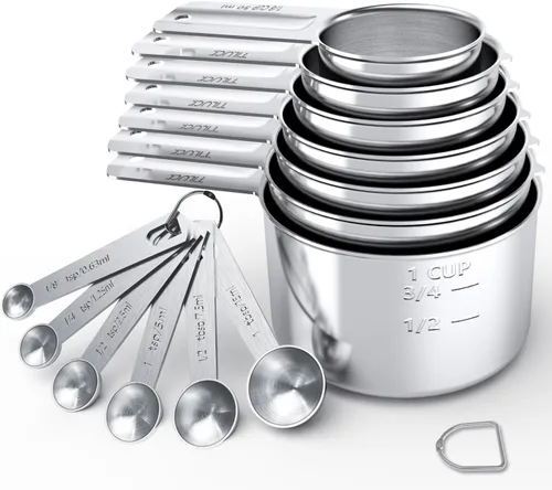 TILUCK Juego de tazas y cucharas medidoras de acero inoxidable, cuchara de café, utensilios de cocina para cocinar y hornear, juego de