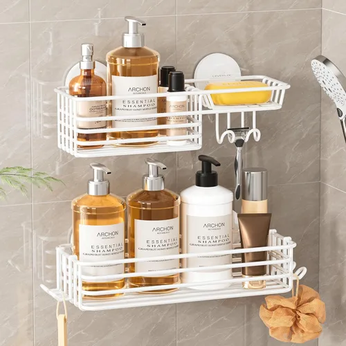 Miniatura 11 de LEVERLOC Cesta de ducha con ventosa, cesta de ducha con ganchos y jabonera para baño, organizador de ducha para baño sin necesidad de taladrar