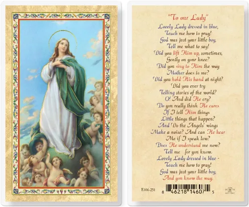 Hirten Lovely Lady Dressed in Blue Gold Stamped - Tarjeta de oración católica laminada con oración en la parte posterior, paquete de 25