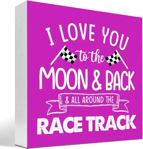 Miniatura 14 de Letrero de madera "I Love You To The Moon And Back And All Around The Race Track" para decoración de escritorio, letrero de caja con banderas a