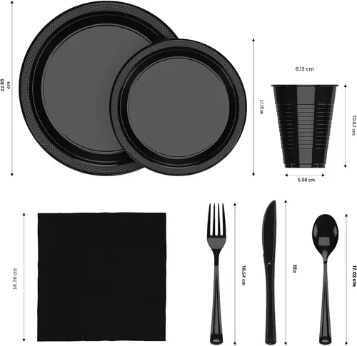 Miniatura 2 de 350 piezas de platos de plástico negro para fiestas, juego de platos desechables negros, 50 de cada juego de platos para cena de 9 pulgadas, platos