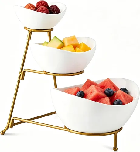 Miniatura 10 de Gomakren - Juego de cuencos ovalados de 3 niveles, soporte plegable de metal negro Multi-capacity porcelain bowls holiday party display, stable