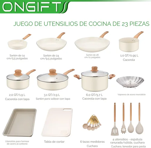 Miniatura 2 de ONGIFT Juego de 23 piezas de ollas y sartenes antiadherentes, juegos de utensilios de cocina, con sartén, cacerola, sartén de saltear, juego
