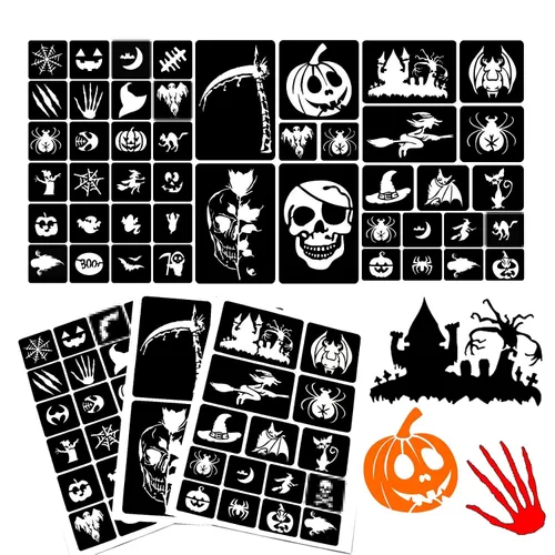 XMASIR Kit de 45 plantillas de tatuaje con purpurina de Halloween para niños, plantillas de calabaza de Halloween, calcomanías temporales de tatuaje