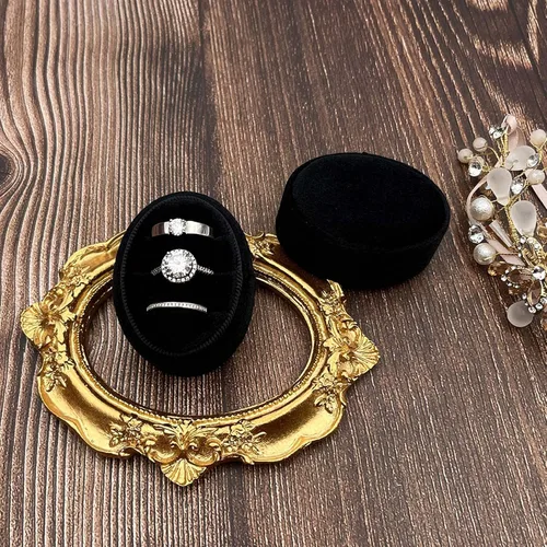 Miniatura 4 de Caja ovalada de terciopelo para anillos con 3 ranuras, caja de tres anillos de alta calidad, vintage, hecha a mano, organizador de joyas