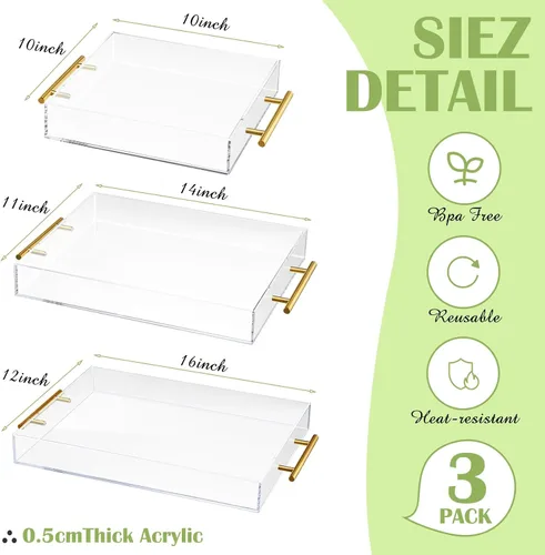 Miniatura 4 de meekoo Paquete de 3 bandejas acrílicas para servir con asas, 12 x 16, 11 x 14, 10 x 10 pulgadas, bandejas acrílicas resistentes de gran capacidad