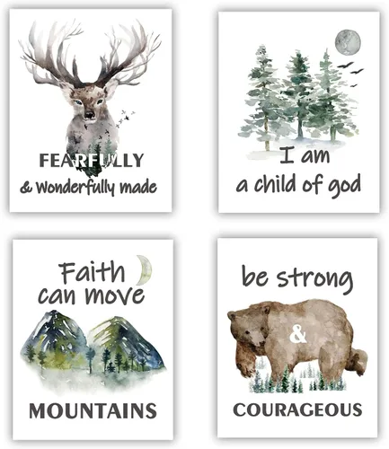 Póster de animales del bosque con versículo bíblico, póster con cita inspiradora, arte de pared de acuarela para decoración de habitación de niños,
