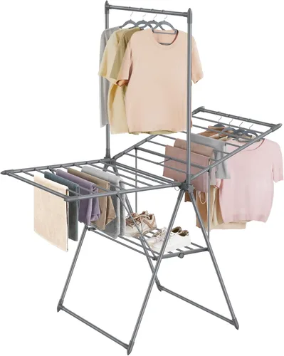 SONGMICS Tendedero de secado de ropa, plegable de 2 niveles, aireador independiente, 1 barra colgante alta adicional, 2 alas ajustables en altura,
