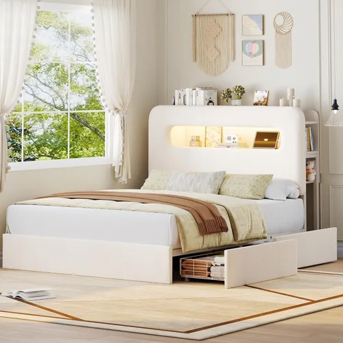Miniatura 6 de HOSTACK Marco de Cama LED Full con Cabecera de Almacenamiento y Estación de Carga, Marco de Cama para Niños con 2 Cajones y Puertos USB, Marco