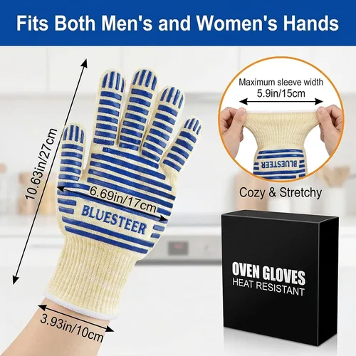 Miniatura 4 de Guantes de horno, guantes de parrilla resistentes al calor de 540 grados, guantes de silicona antideslizantes para superficies calientes con dedos