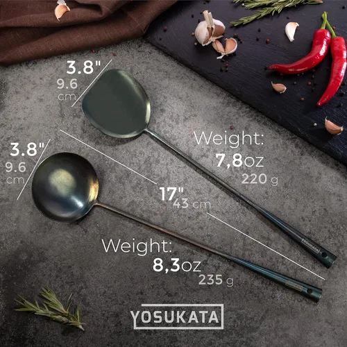 Miniatura 2 de YOSUKATA Juego de utensilios para wok pre-sazonados, espátula de acero al carbono azul de 17 pulgadas, cucharón de wok, 3 pares de palillos