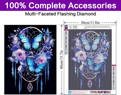 Miniatura 2 de croshom Kit de arte de diamantes 5D atrapasueños, kits de pintura de diamantes de mariposa para adultos principiantes, pintura de taladro redondo