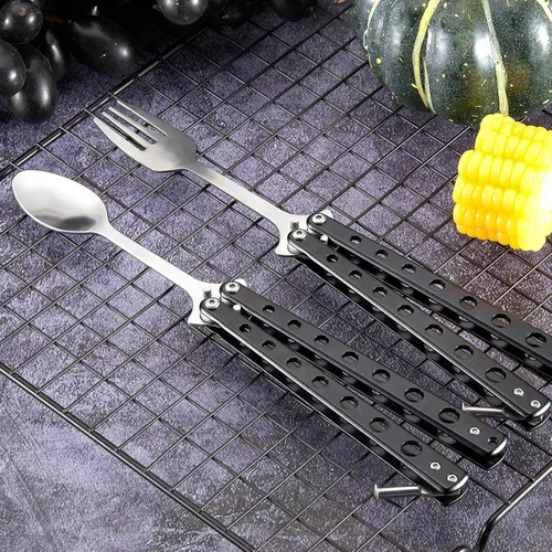 Miniatura 6 de Flutesan Juego de 2 Piezas de Tenedor y Cuchara Mariposa, Cuchara Táctica Mariposa Plegable de Acero Inoxidable Conjunto de Utensilios Spork