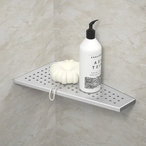 Miniatura 6 de Estante esquinero para ducha, color negro mate de 12 pulgadas con lechada trapezoidal en estante para champú, diseño de rejilla de acero inoxidable