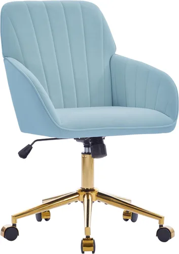 Miniatura 18 de YITAI Silla de escritorio giratoria de terciopelo de 360°, moderno sillón de oficina en casa con base dorada y ruedas para tocador, cómoda silla