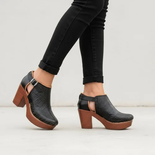 Miniatura 13 de Botines de piel auténtica grabados mexicanos con correa para mujer - Modelo 490