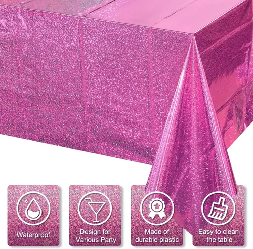 Miniatura 3 de Paquete de 8 manteles de plástico iridiscente brillantes desechables láser rectangulares, cubiertas de mesa de papel holográfico iridiscente, Rosa