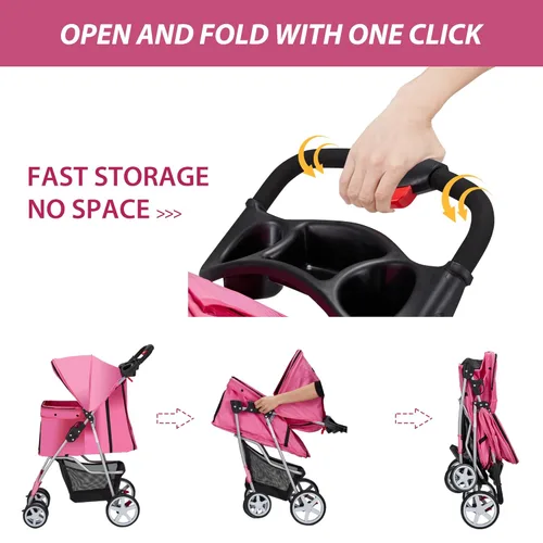 Miniatura 7 de Unisakey Cochecito para mascotas de 4 ruedas para perros pequeños y medianos y gatos, 10 a 33 libras, cochecito plegable para perros y gatos con Rosa