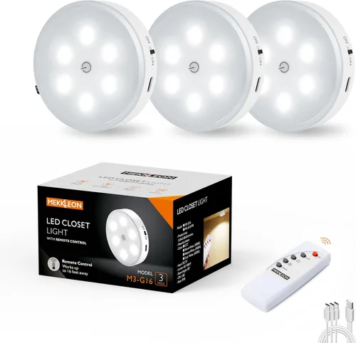 Luces de disco con control remoto, iluminación recargable de 1000 mAh para debajo del gabinete, luces LED de armario, paquete de 3 luces nocturnas,