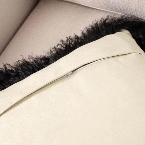 Miniatura 4 de Funda de almohada de piel de cordero mongol tibetano, 100% piel de oveja real, rollo de lana de cordero, cuadrada, decorada para sala de estar, Negro