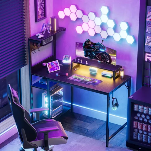 Miniatura 2 de Escritorio pequeño para juegos de 40 pulgadas con estantes de tablero de clavijas, escritorios para computadora con luces LED, tomas de corriente