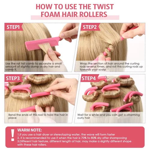 Miniatura 3 de Syhood 30 varillas rizadoras flexibles, rodillos de espuma suave, sin calor, 1 peine de cola de rata de acero para mujeres de cabello largo y corto
