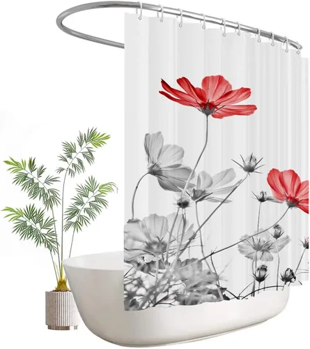 Miniatura 29 de Cortina de ducha de 72" x 72" con flores grises y rosas, gris y blanco, flores silvestres, margaritas, plantas, pintura de tinta, botánica