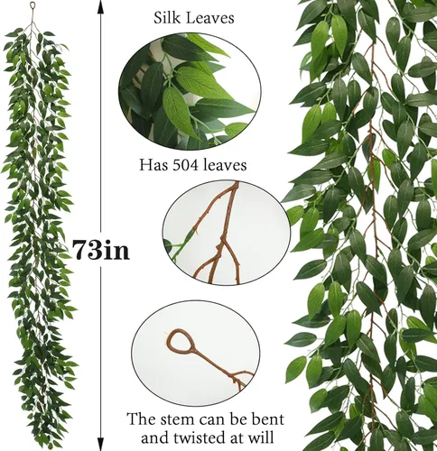 Miniatura 2 de Dallisten 3 hebras de enredaderas artificiales de ruscus italiano, guirnalda de vid de seda de 73 pulgadas con hojas verdes, plantas colgantes