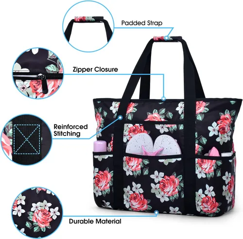 Miniatura 4 de Becokan Bolsas de playa para mujer, bolsa de playa grande con bolsillos con cremallera, bolsa de playa, impermeable, a prueba de arena, bolsa