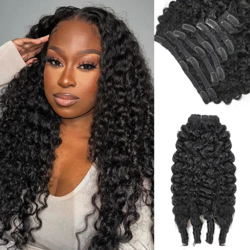 Extensiones de cabello rizado con clip de tipo Burmese, cabello humano brasileño de 8 piezas, con 18 clips, 120g, 12 pulgadas, #1B, color negro