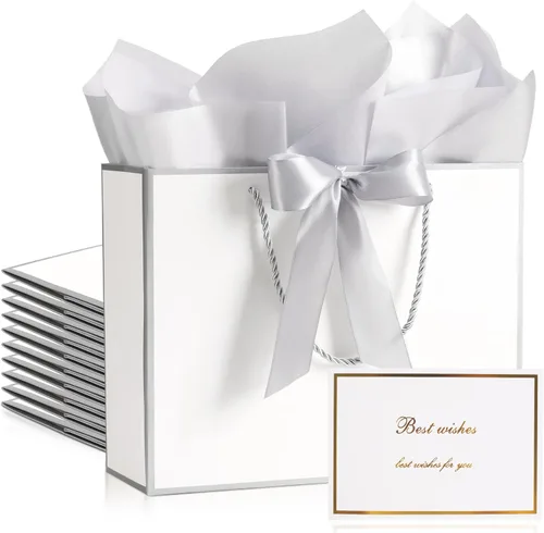 Miniatura 16 de PASEOTA Bolsas de regalo de 12.6" a granel, 10 bolsas de regalo con 20 papeles de seda y 10 tarjetas de felicitación, bolsa de lujo con asas