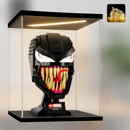 Miniatura 12 de Vitrina de acrílico transparente premium con iluminación LED – Escaparate a prueba de polvo con protección UV para máscara Lego Venom 76187, cascos
